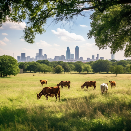 "A scenic view of a sprawling ranch in Houston, Texas, with cattle grazing under a clear blue sky