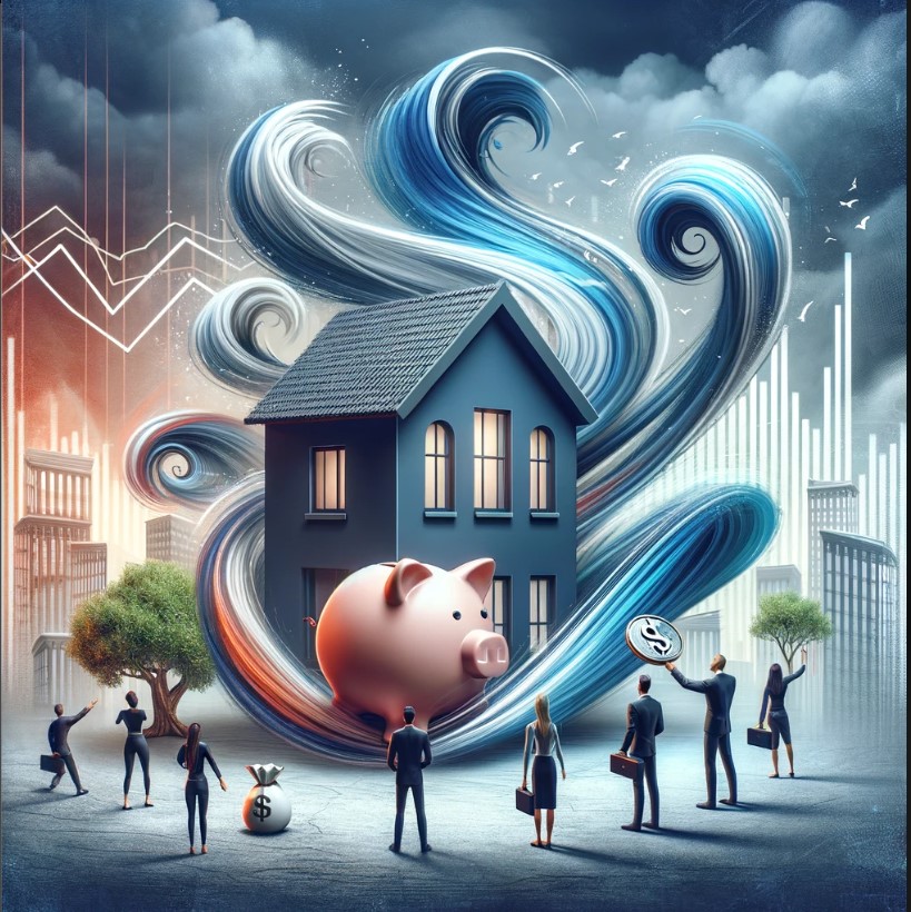 A captivating scene depicting the evolving dynamics of the real estate market under new regulations. In the foreground, a stylized house represents the core of the market, standing resilient amidst swirling winds of change, symbolizing uncertainty. Around the house, a diverse group of people, including a buyer holding a piggy bank to signify financial considerations and an agent with a protective arm around the house, indicating guidance and support. Both are looking towards the house with expressions of hope and cautious optimism. The background features a semi-transparent graph with fluctuating lines, hinting at market volatility. The overall atmosphere is one of anticipation and readiness to adapt, capturing the essence of navigating the real estate market's uncertainties.