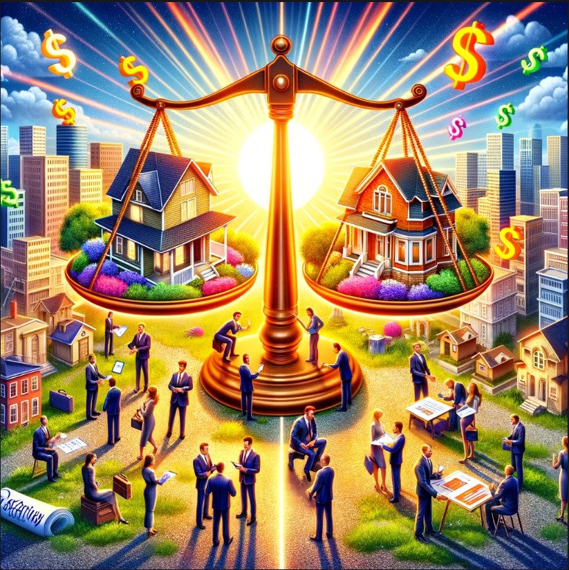 Artistic depiction of the evolving real estate market, showing buyers, sellers, and agents in negotiation, with a scale balancing traditional and modern homes, symbolizing the shift in commission structures